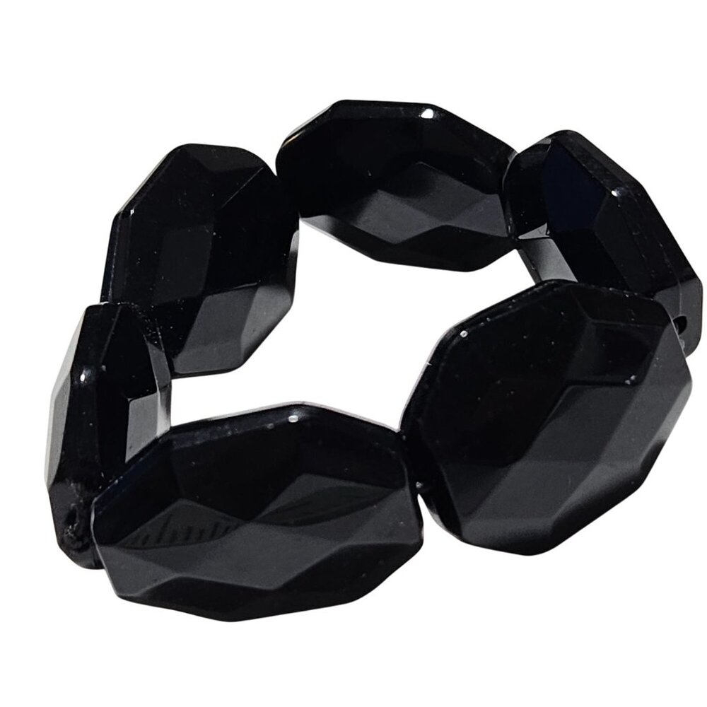 Vintage Black Faceted Bead Stretch Bracelet Large Chunky Style Retro 60s Fashion